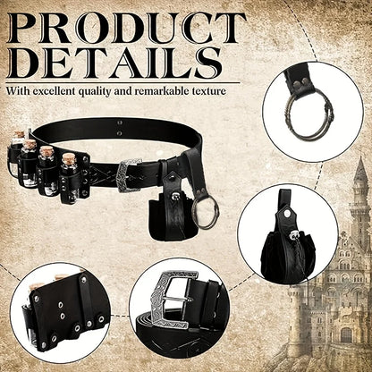 5-Piece Medieval Viking Artificial Leather Belt Set with Potion Bottle, Fashionable Scandinavian Portable Coin Purse, Skirt Mountaineering Waist Bag Accessories, Suitable for Thanksgiving, Christmas, Halloween Holiday Clothin