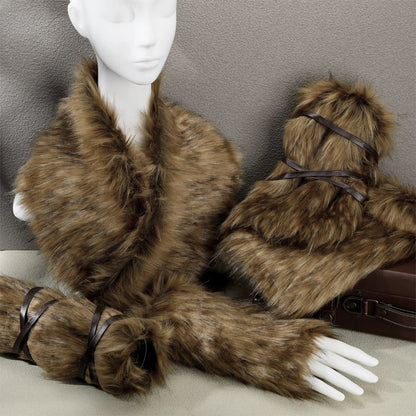 5-Piece Carnival Viking Luxury Imitation Fur Accessories Set - Collar, Legs and Hand Warmer, Halloween Costume, Role-Playing Activities