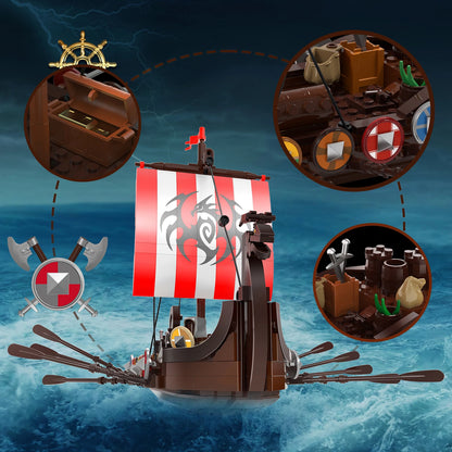 The Viking Longship Building Block Set Medieval Pirate Series Warship Model Building Blocks Creative Gift Kids