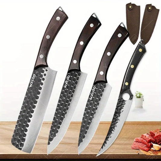 4PCS Stainless Steel Knife Set Professional Handmade High Quality Sharp Kitchenware Boning Meat Cleaver Fruit Knife with Covers