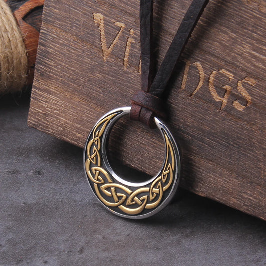 Never Fade Celtic Knot Round Pendant Necklace have adjustable leather cord chain with vikings wooden box as gift