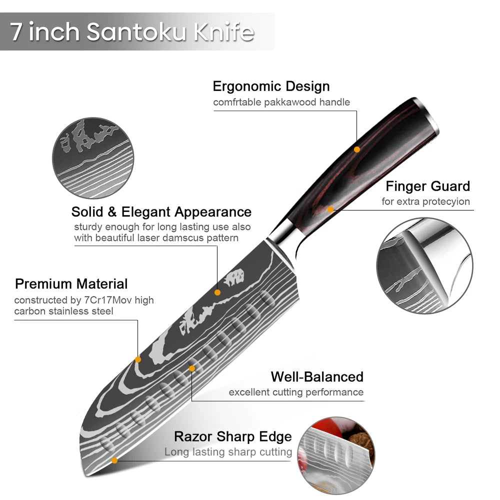 Sharp Kitchen Knife Wooden Handle Stainless Steel Meat Cleaver Kitchen Paring Knives Laser Damascus Pattern Chef  Knife