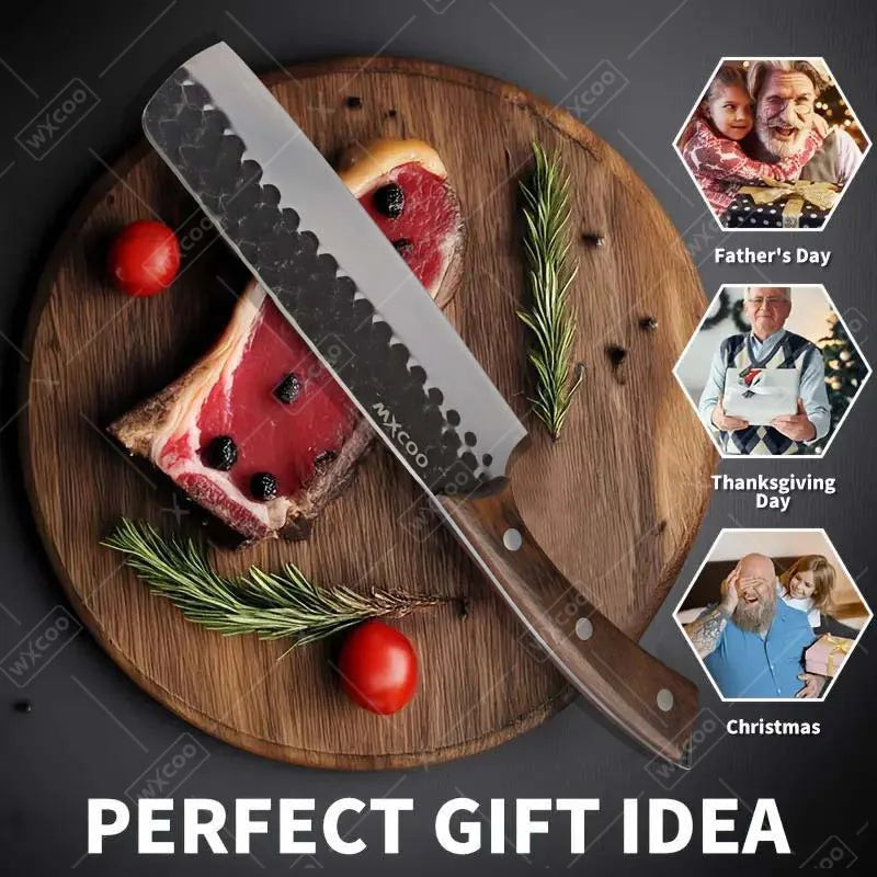 2 Pcs Stainless Steel Kitchen Chef Knife Set Hand Forged Multipurpose Butcher Boning Knife with Wooden Handle for Cooking