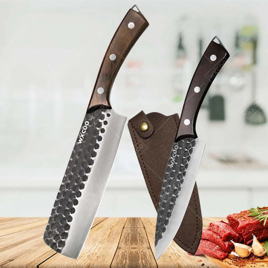2 Pcs Stainless Steel Kitchen Chef Knife Set Hand Forged Multipurpose Butcher Boning Knife with Wooden Handle for Cooking