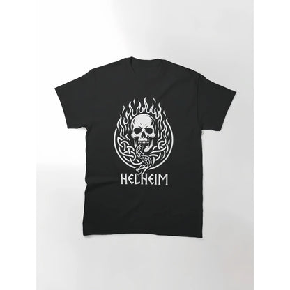 Helheim Viking Skull Graphic T-Shirt Nordic Mythology Fire Print Gothic Punk Rock Oversized Tee S-3XL