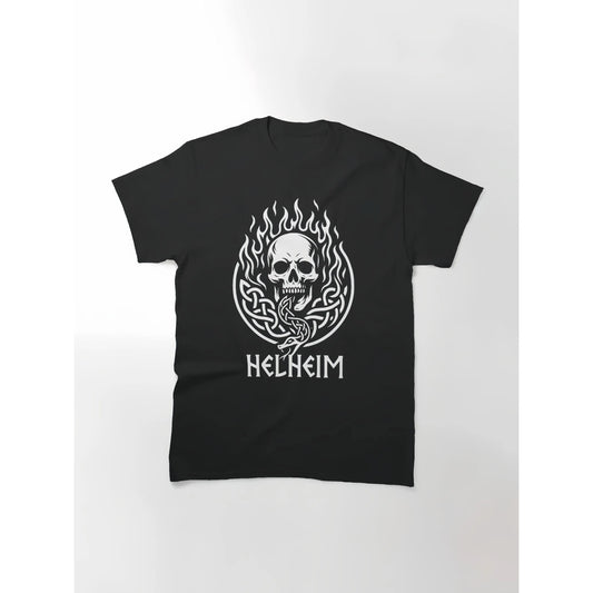 Helheim Viking Skull Graphic T-Shirt Nordic Mythology Fire Print Gothic Punk Rock Oversized Tee S-3XL