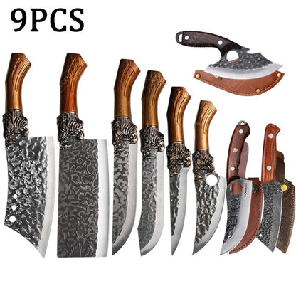 9PCS Professional Kitchen Chef Knife Set Stainless Steel Utility Knife Cutters Mini Knife Butcher Knife Boning Fish Pizza Cheese