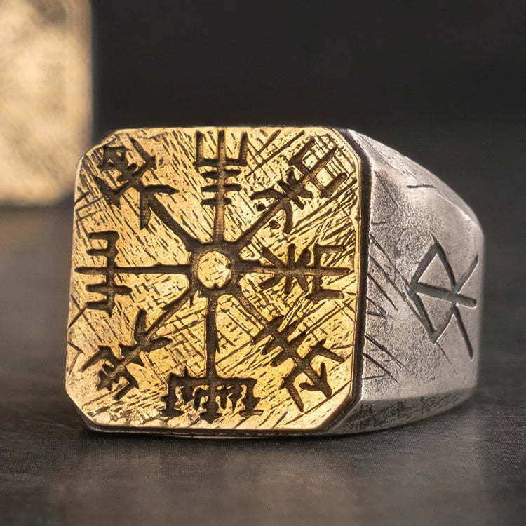 sterling silver Thor’s Hammer Mjölnir and vegvisir ring