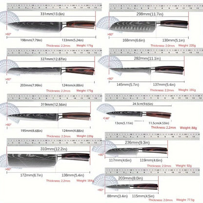 9 Pcs Kitchen Chef Knife Set High Carbon Stainless Steel Damascus Chef Knife Boning Knife Cleaver Santoku Slicer Vegetable