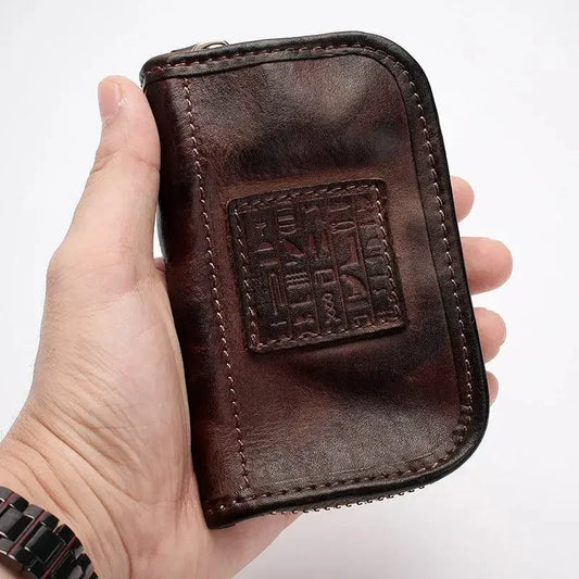 Viking Style Key Case Top Layer Cowhide Key Wallet, Large Capacity Retro Distressed Card Holder with Multi-function