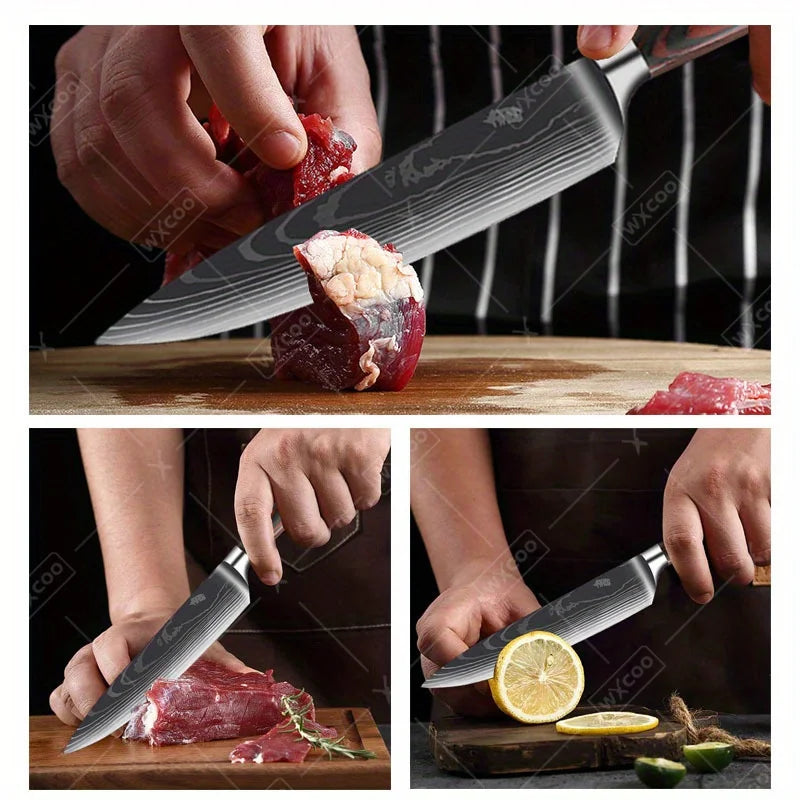 9 Pcs Kitchen Chef Knife Set High Carbon Stainless Steel Damascus Chef Knife Boning Knife Cleaver Santoku Slicer Vegetable