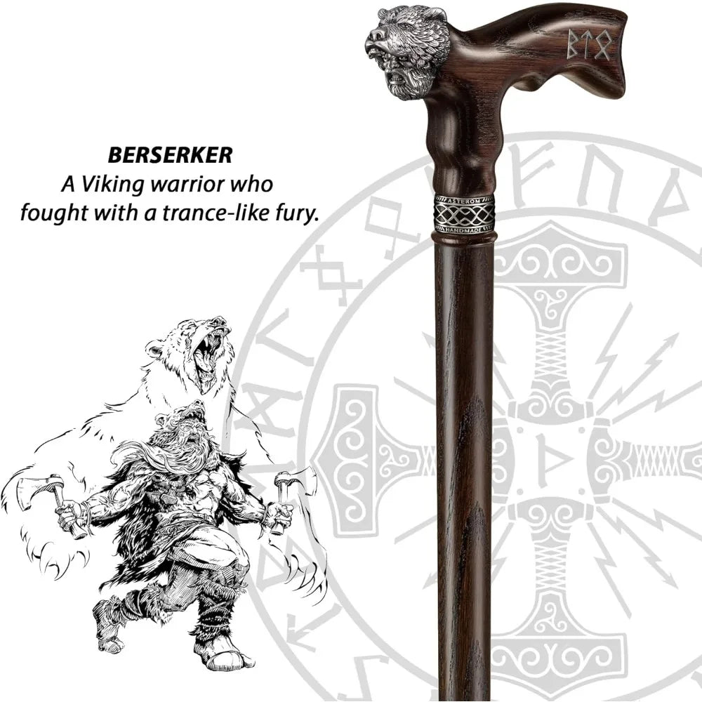 Handcrafted Viking-Inspired Walking Stick for Men - Unique Wooden Canes for Men and Seniors (Berserker Style)