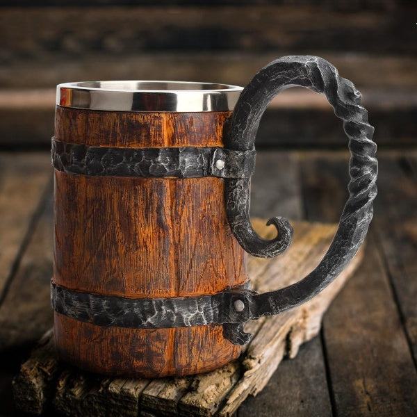 Viking Tankard Mug  With Crude Wooden Barrel Design