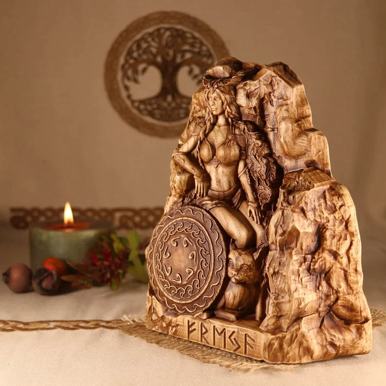 Handcrafted Viking Wooden Statue Goddess Freya