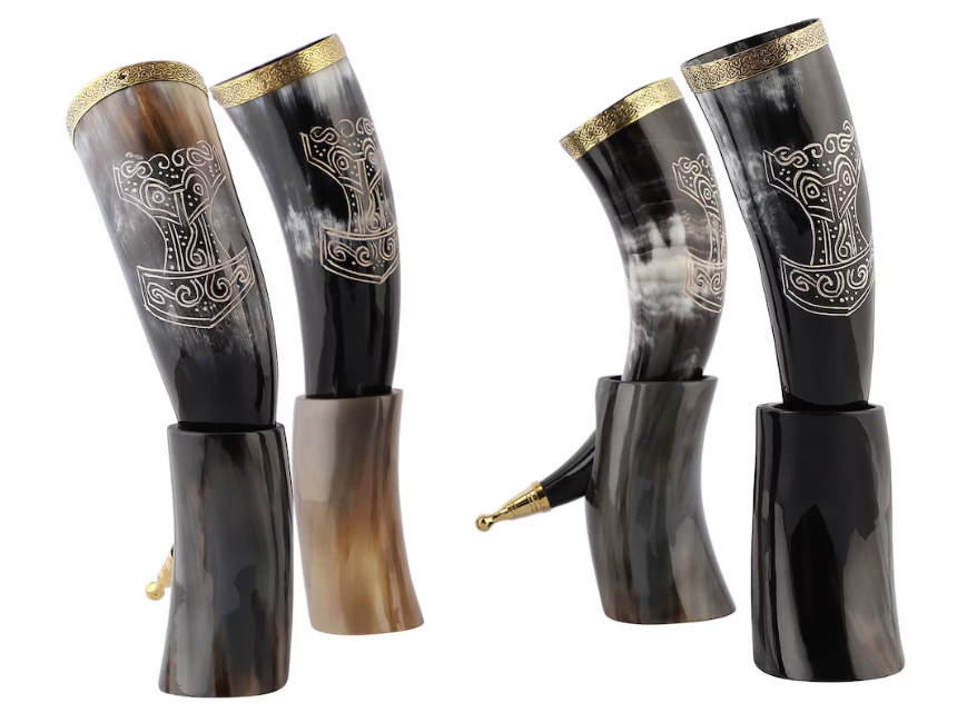 Thors Hammer Engraved Drinking Horn with Stand