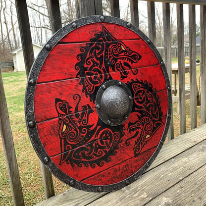 Authentic Battle-worn Viking Shield With Fenrir Wolf
