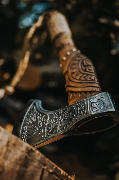 Engraved Viking Battle Axe With Inscribed Brown Leather Handle