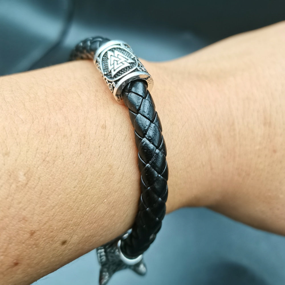 Leather Bracelet With Wolf Heads And A Valknut Bead