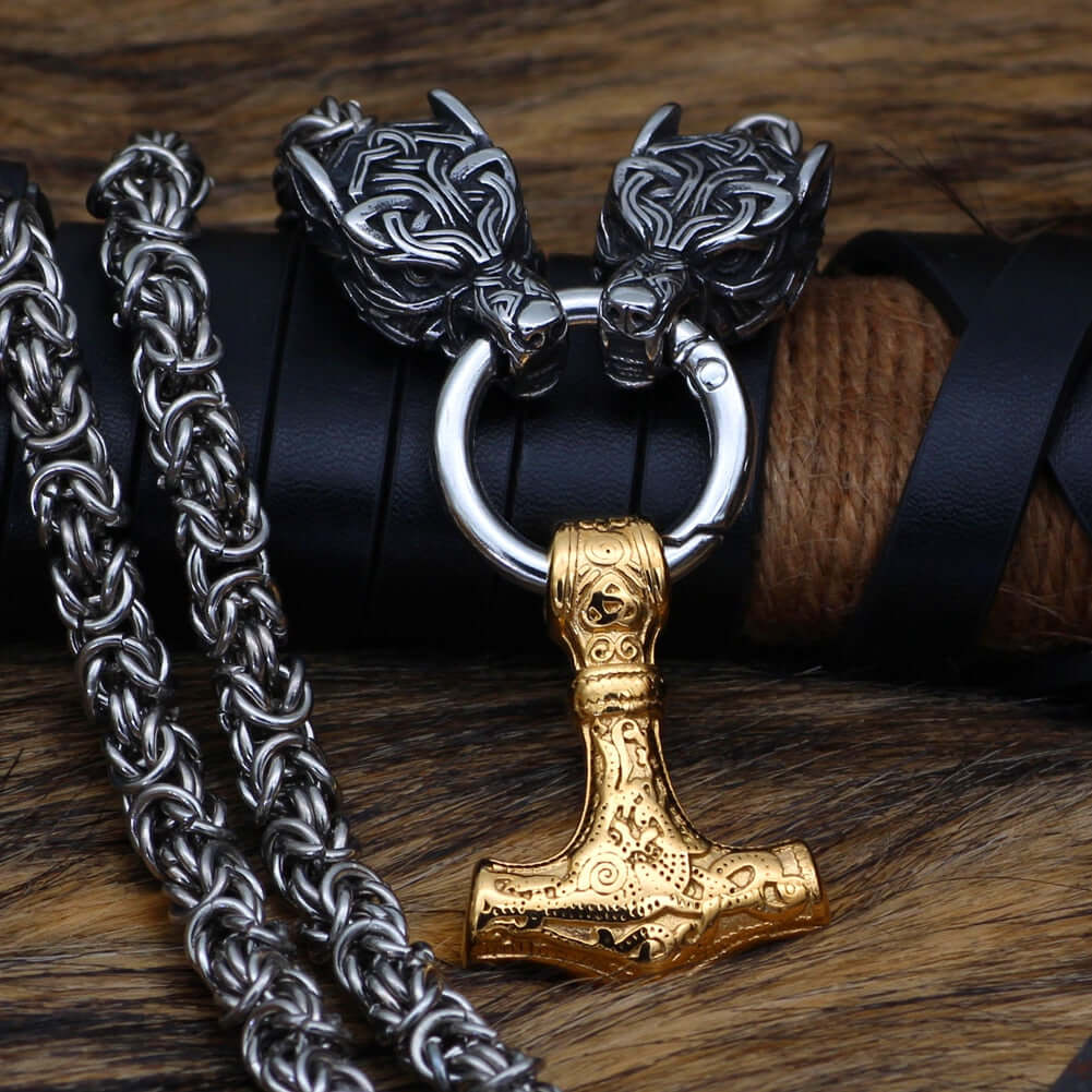 Black Braided King Chain With Twin Wolf Heads & Gold Mjolnir Pendant