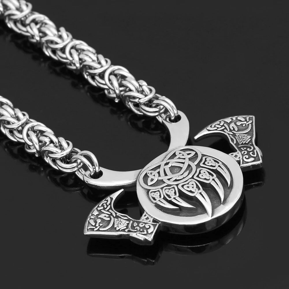 Viking Berserker Axe And Bear Claws King Chain Necklace