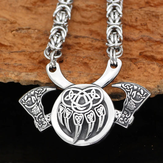 Viking Berserker Axe And Bear Claws King Chain Necklace