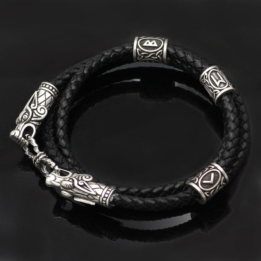 Nordic Viking Leather Bracelet With Dragon Heads