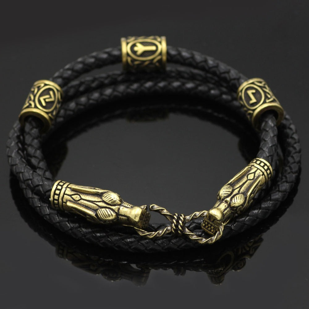 Nordic Viking Leather Bracelet With Dragon Heads