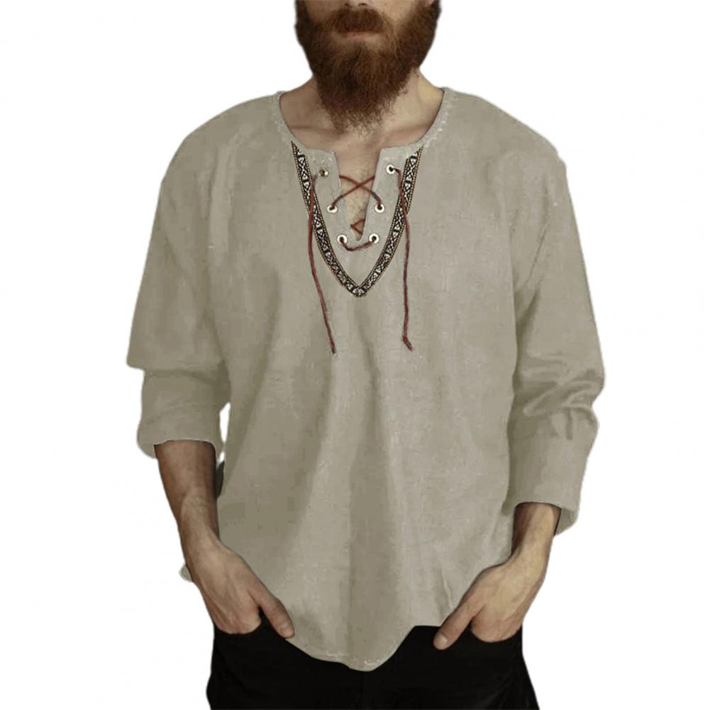 Lace-Up V-Neck Medieval Viking Long Sleeve Shirt