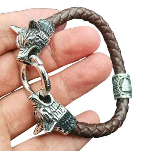 Leather Bracelet With Wolf Heads And A Valknut Bead