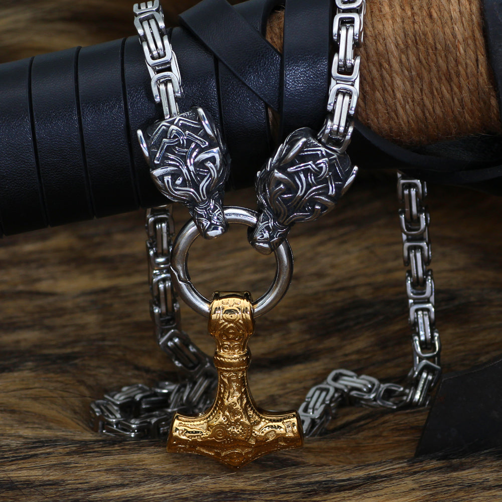 King Chain With Wolf Heads Biting The Ring Holding A Gold Mjolnir Pendant