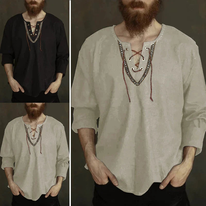 Lace-Up V-Neck Medieval Viking Long Sleeve Shirt