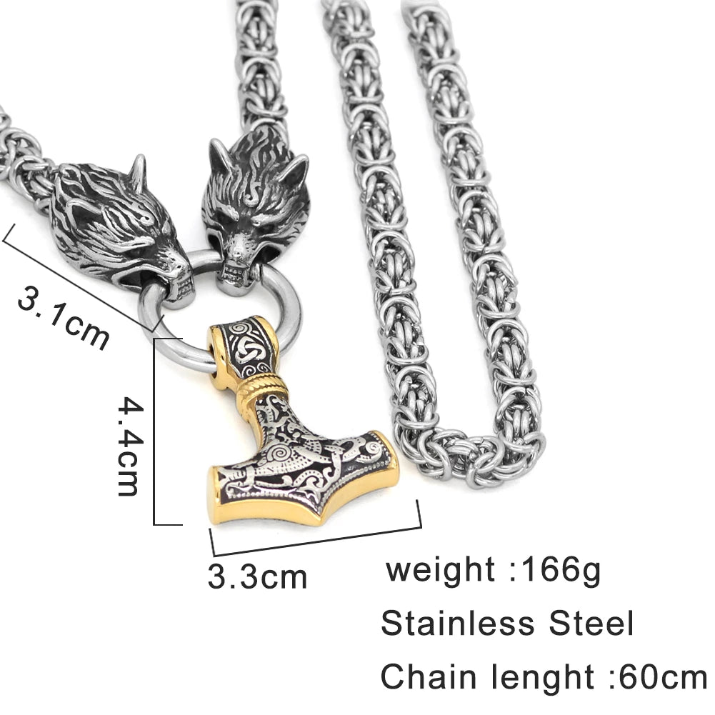 Stainless Steel Dual Color Wolf Head Mjolnir Kings Chain 50cm