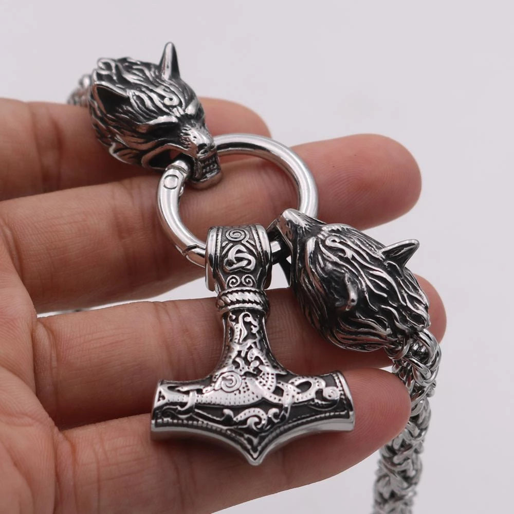 Silver King Chain With Mjolnir Pendant Held By Wolves Heads
