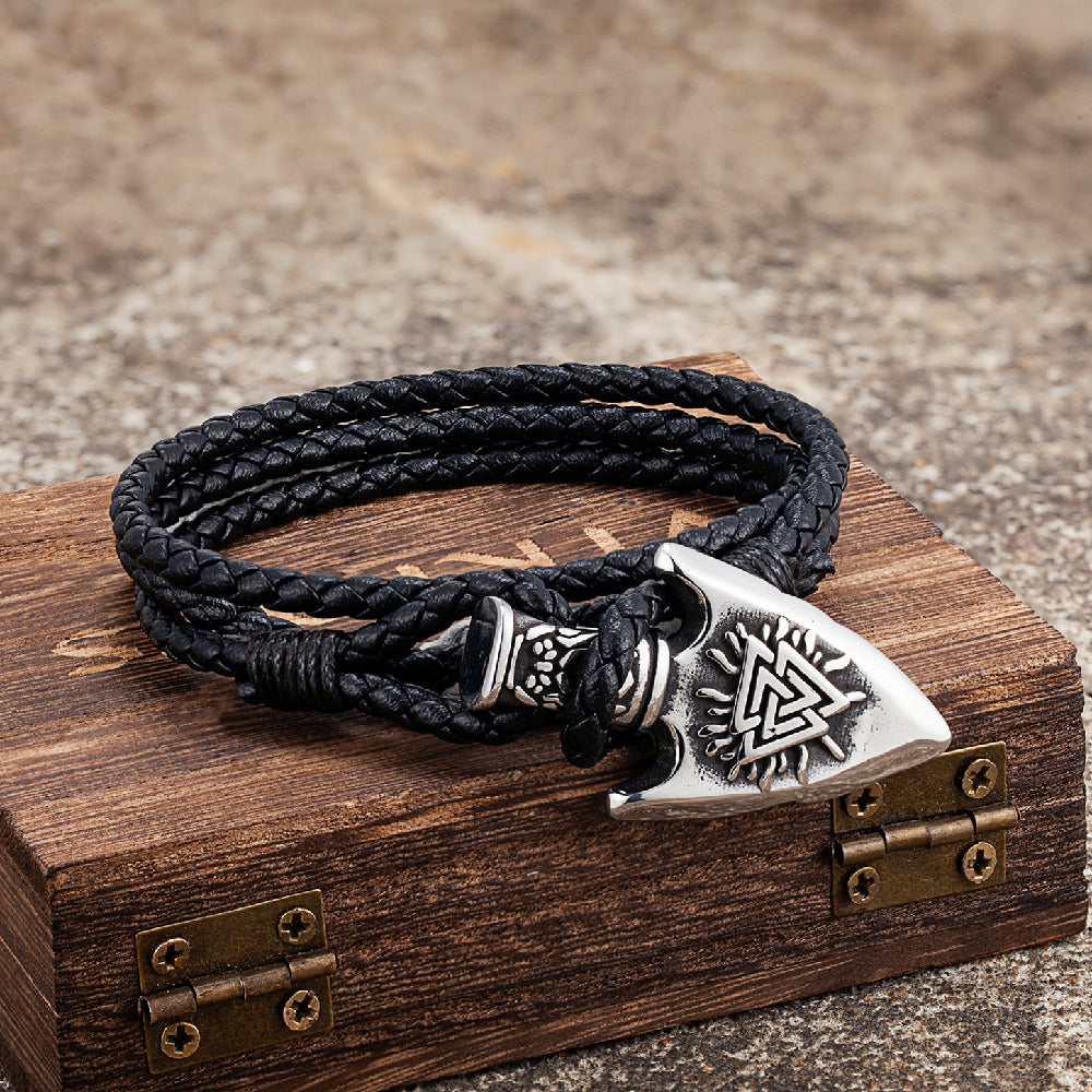 Valknut Leather Bracelet | Viking Runes Odin Wristband - TheNorseWind