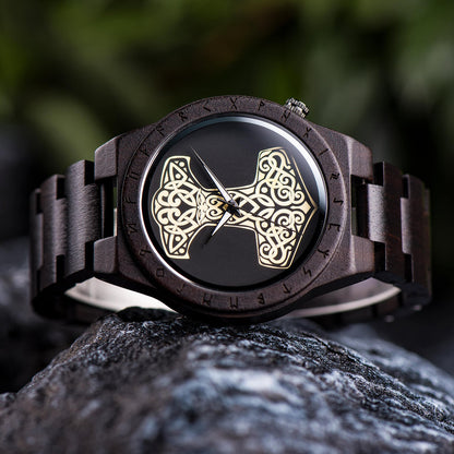 Wooden Viking Watch With Thor's Hammer Mjolnir