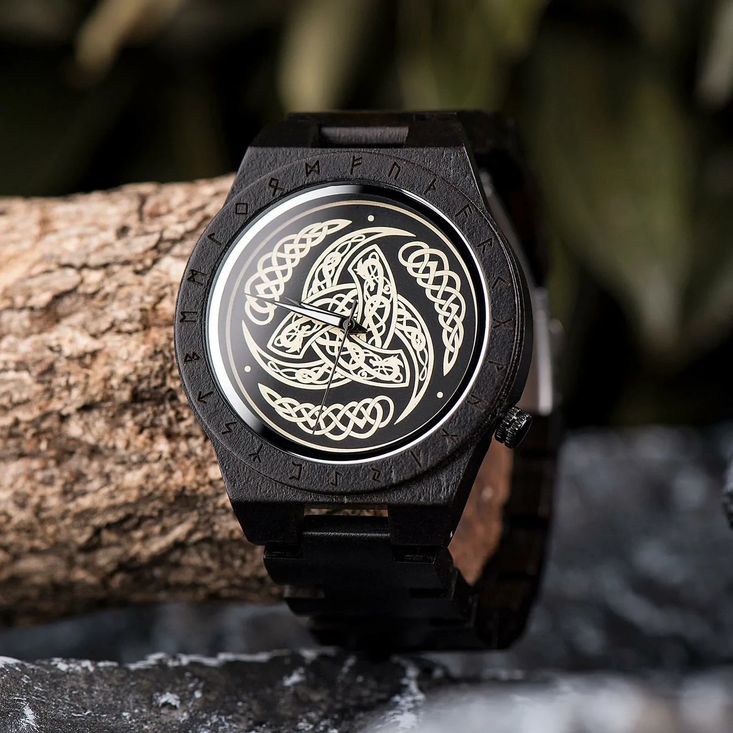 Wooden Viking Watch Featuring Triple Horn of Odin