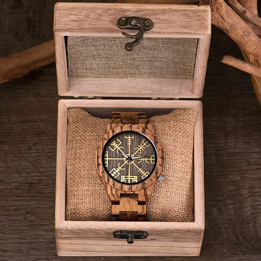 Wooden Viking Watch With Vegvisir Symbol
