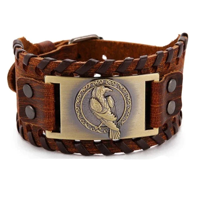 Viking Leather Bracelet With Norse Raven