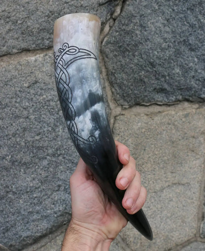Carved Drinking Horn With Norse Ravens