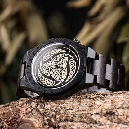Wooden Viking Watch Featuring Triple Horn of Odin