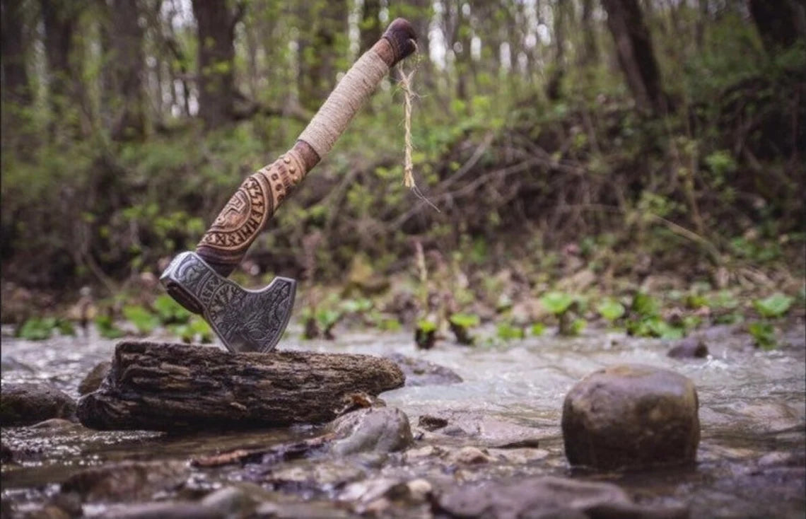 Engraved Viking Battle Axe With Inscribed Brown Leather Handle