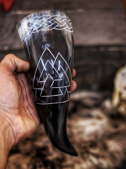 Carved Drinking Horn With Valknut Decorative Symbol