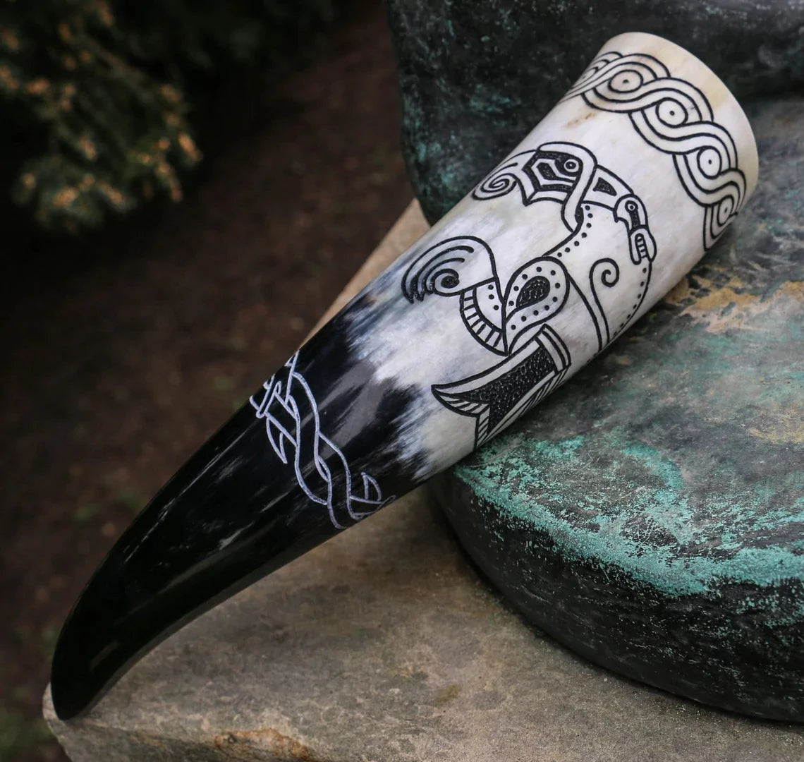 Carved Drinking Horn Featuring Viking Raven from Gotland