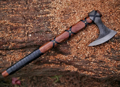 Ragnar Viking Battle Axe With Leather Wrapped Rosewood Shaft