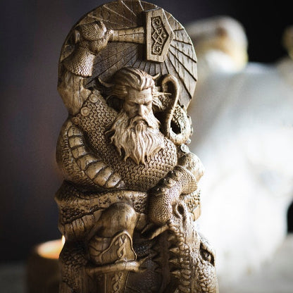 Thor In Battle With Jormungand Sculpture, Norse God Wood Carving Statue
