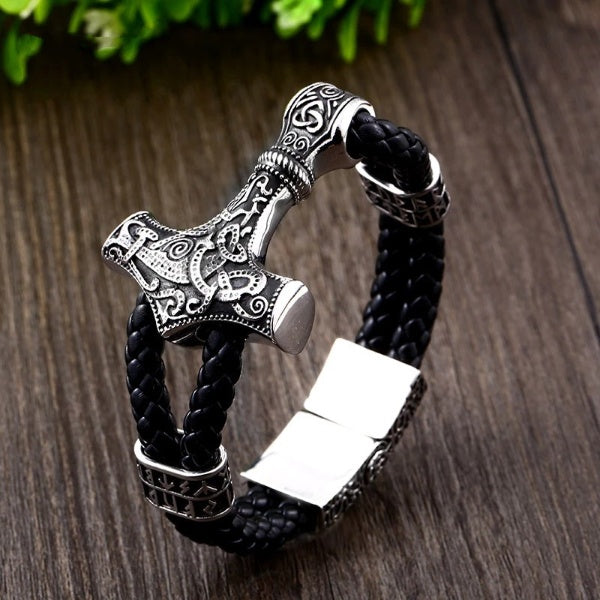 Thor's Hammer With Runes Leather Bracelet