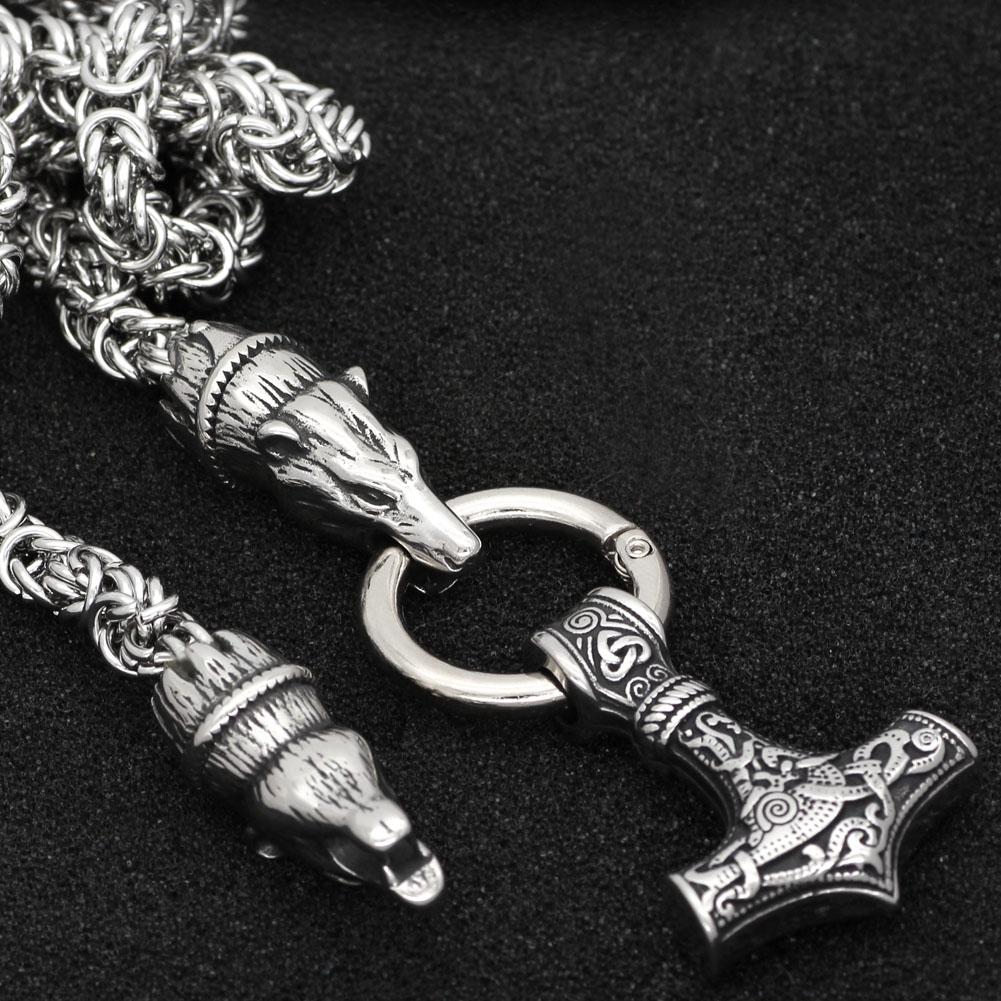 Silver King Chain Featuring Bear Heads Holding Mjolnir Pendant