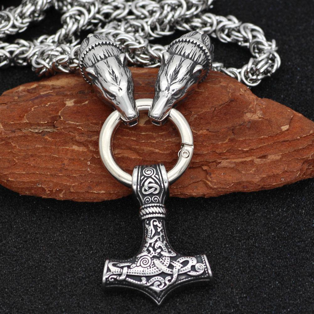 Silver King Chain Featuring Bear Heads Holding Mjolnir Pendant