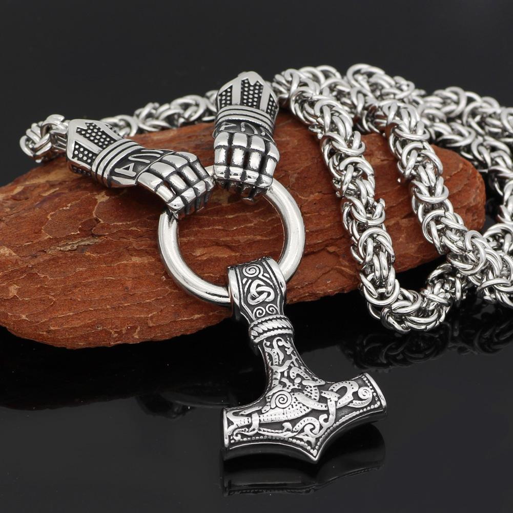 Braided King Chain With Berserker Holding Thor's Mjolnir Pendant