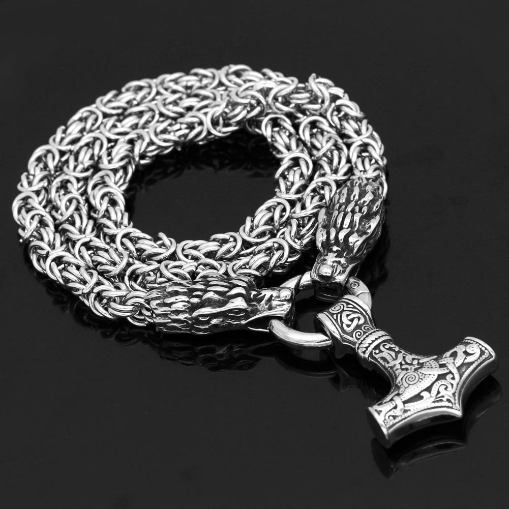 Braided King Chain With Twin Dragon Heads & Mjolnir Pendant